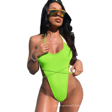 2021 Summer New Fashion Solid Color Straps Hanging Neck Body Clothes Sexy Swimwear One Piece Bikini Woman